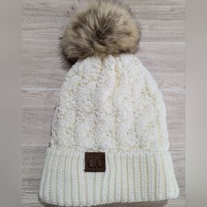 C.C. Ivory Cream Braided Warm Fleece Lined Winter Hat w/ Brown Fur Pom Pom-GUC